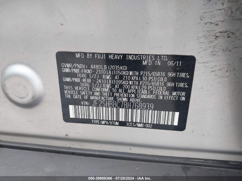 2011 Subaru Forester 2.5X VIN: JF2SHBBC7BH768939 Lot: 39959366