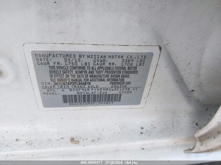 2015 Nissan Versa S/S Plus/Sv/Sl VIN: 3N1CN7AP2FL944819 Lot: 39959377