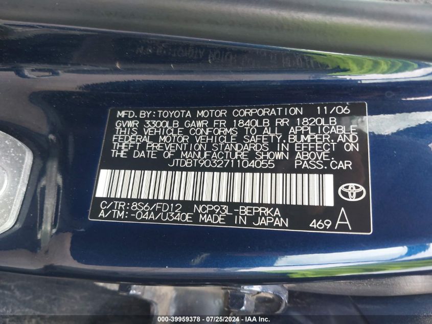 2007 Toyota Yaris S VIN: JTDBT903271104055 Lot: 39959378