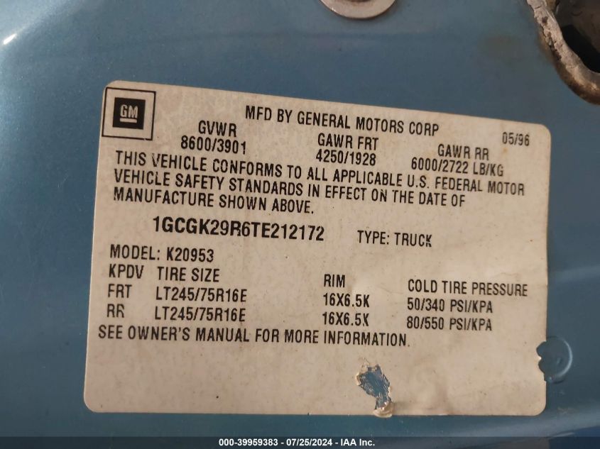 1996 Chevrolet Gmt-400 K2500 VIN: 1GCGK29R6TE212172 Lot: 39959383