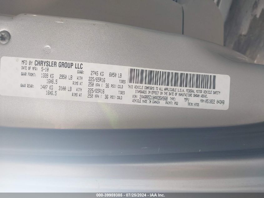 2010 Chrysler Town & Country Touring VIN: 2A4RR5D10AR350968 Lot: 39959385