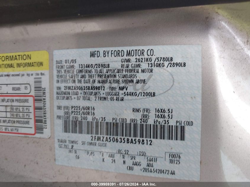 2005 Ford Freestar S VIN: 2FMZA50635BA59812 Lot: 39959391