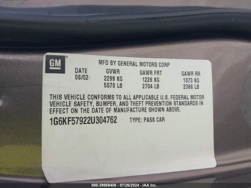 2002 Cadillac Deville Dts VIN: 1G6KF57922U304762 Lot: 39959400