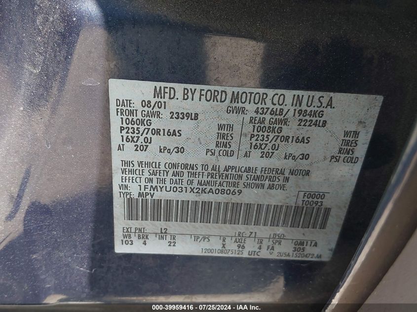 2002 Ford Escape Xlt VIN: 1FMYU031X2KA08069 Lot: 39959416