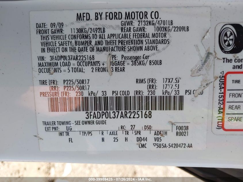 2010 Ford Fusion Hybrid VIN: 3FADP0L37AR225168 Lot: 39959425