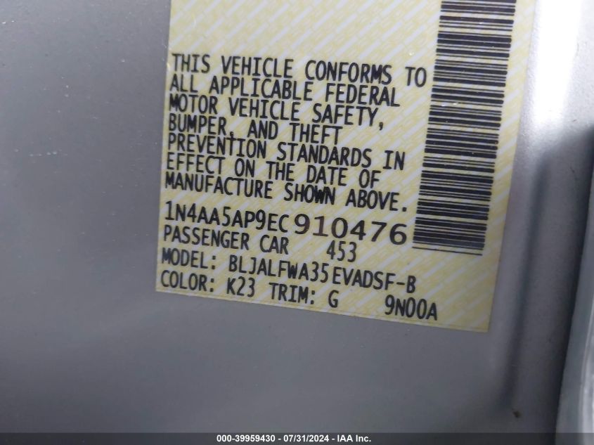 2014 Nissan Maxima 3.5 Sv VIN: 1N4AA5AP9EC910476 Lot: 39959430