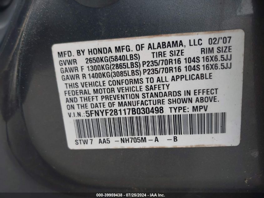 2007 Honda Pilot Lx VIN: 5FNYF28117B030498 Lot: 39959438
