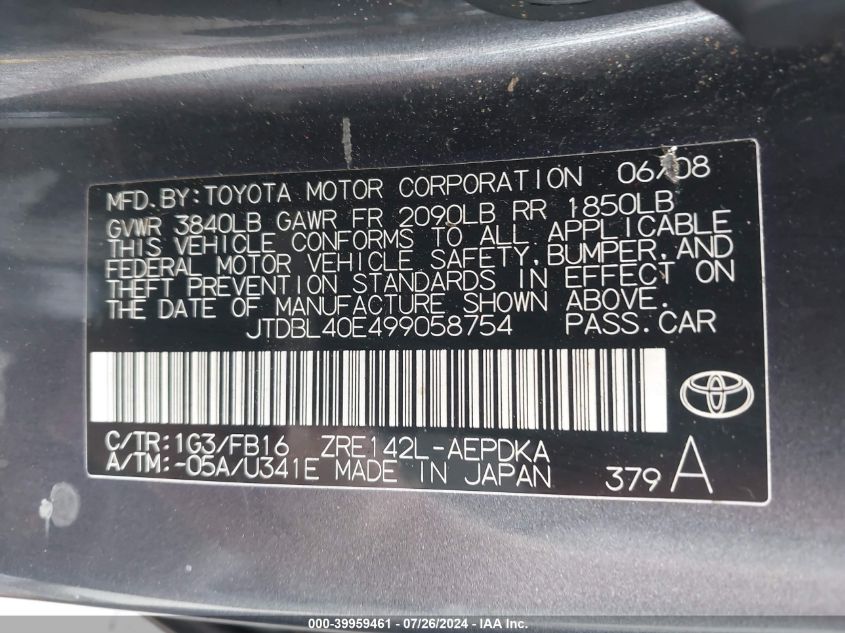 2009 Toyota Corolla Le VIN: JTDBL40E499058754 Lot: 39959461