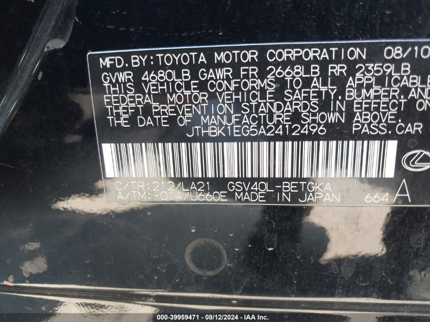 2010 Lexus Es 350 VIN: JTHBK1EG5A2412496 Lot: 39959471