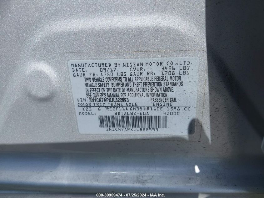 2018 Nissan Versa 1.6 Sv VIN: 3N1CN7APXJL822993 Lot: 39959474