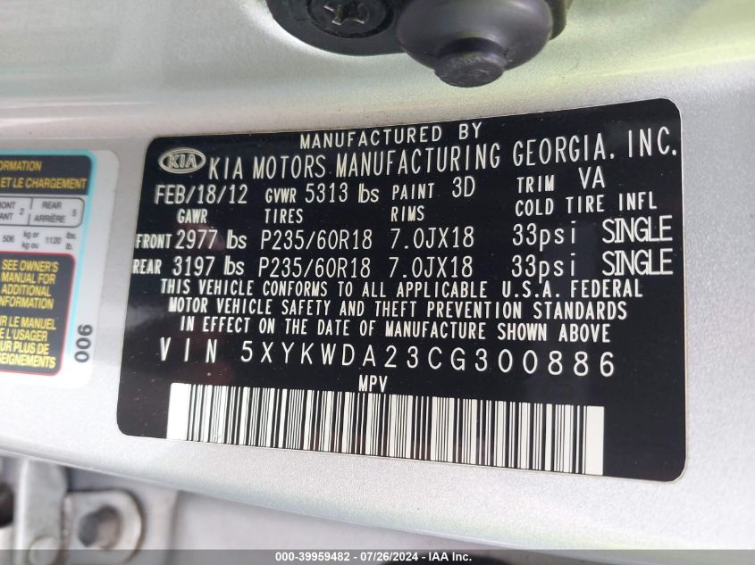 5XYKWDA23CG300886 2012 Kia Sorento Sx V6