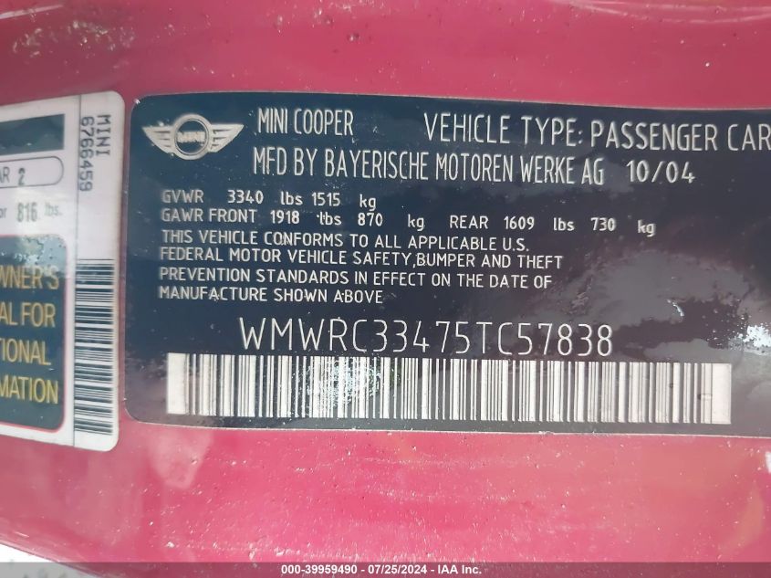2005 Mini Cooper VIN: WMWRC33475TC57838 Lot: 39959490