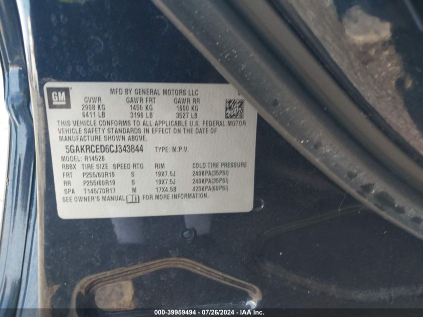 2012 Buick Enclave Leather VIN: 5GAKRCED6CJ343844 Lot: 39959494