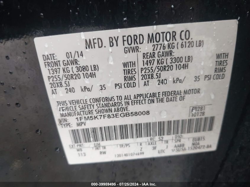 2014 Ford Explorer Limited VIN: 1FM5K7F83EGB58008 Lot: 39959495