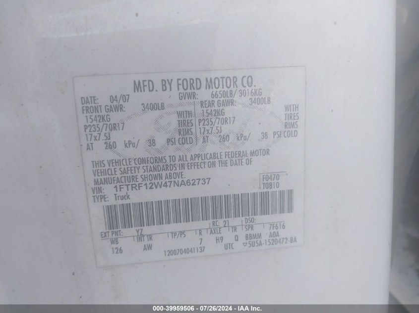 2007 Ford F150 VIN: 1FTRF12W47NA62737 Lot: 39959506