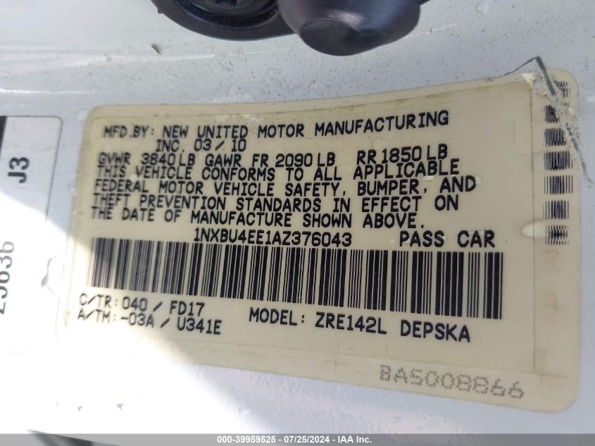 2010 Toyota Corolla S VIN: 1NXBU4EE1AZ376043 Lot: 39959525