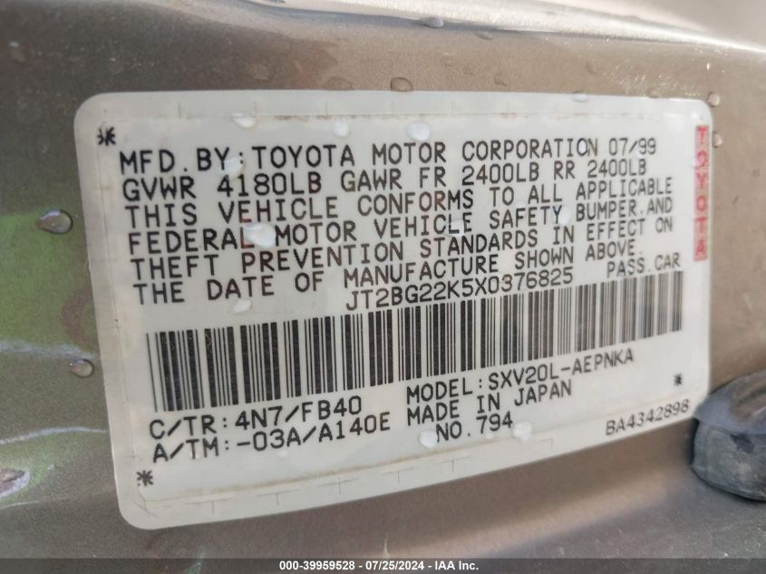 1999 Toyota Camry Le VIN: JT2BG22K5X0376825 Lot: 39959528