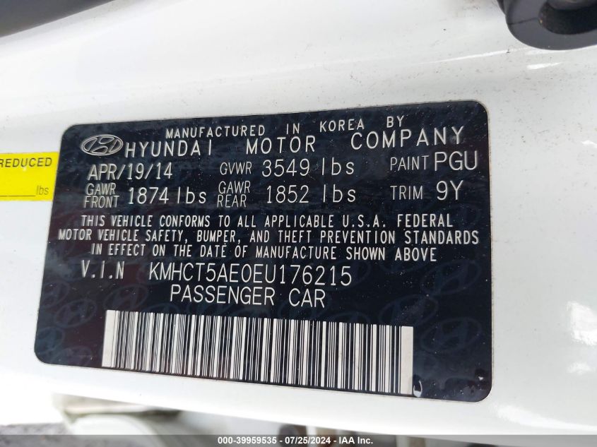 KMHCT5AE0EU176215 2014 Hyundai Accent Gs