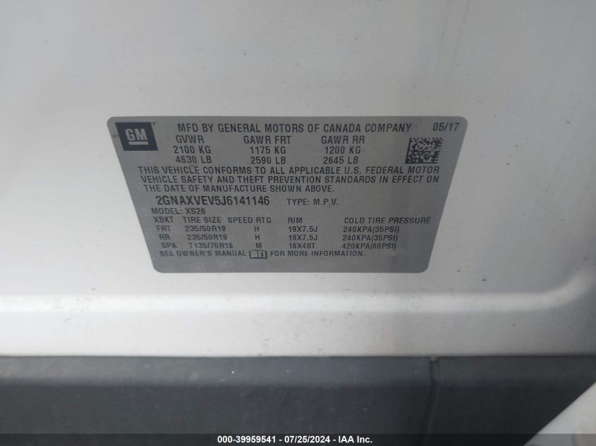 2018 Chevrolet Equinox Premier VIN: 2GNAXVEV5J6141146 Lot: 39959541