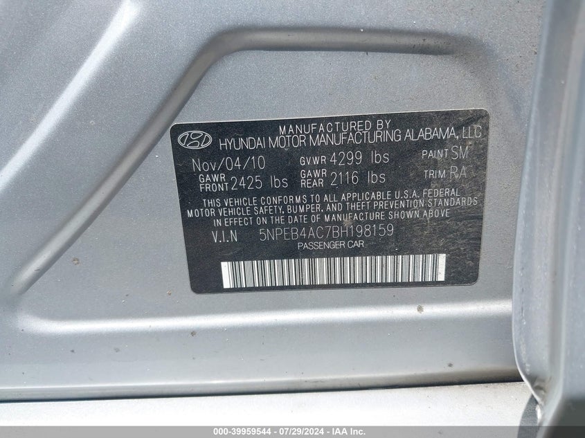 2011 Hyundai Sonata Gls VIN: 5NPEB4AC7BH198159 Lot: 39959544