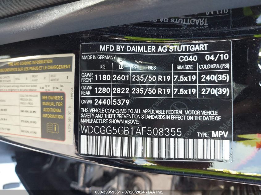 WDCGG5GB1AF508355 2010 Mercedes-Benz Glk 350