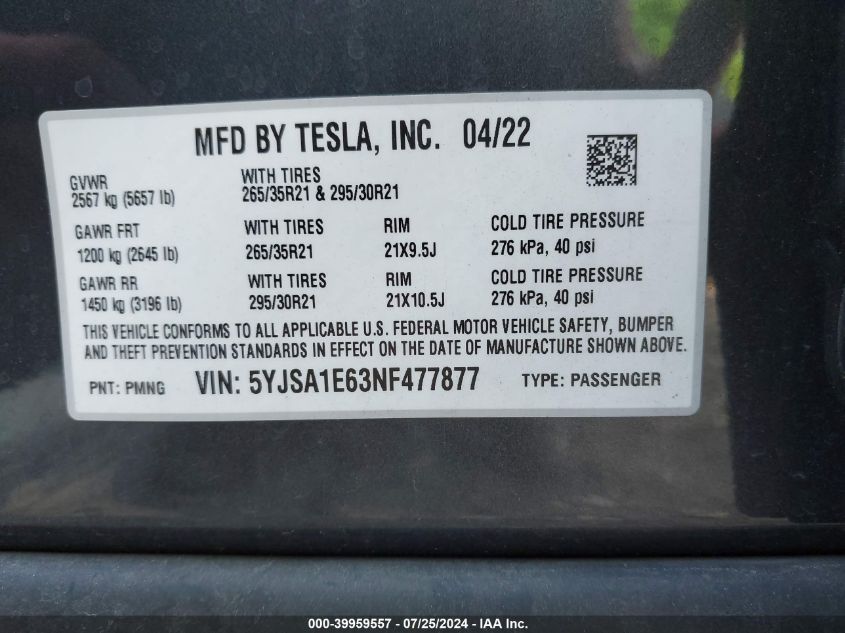 2022 Tesla Model S Plaid Tri Motor All-Wheel Drive VIN: 5YJSA1E63NF477877 Lot: 39959557