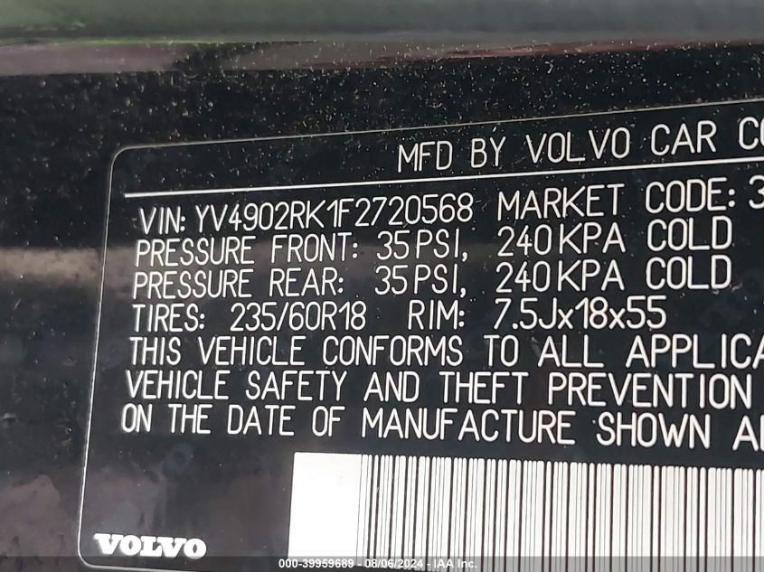 YV4902RK1F2720568 2015 Volvo Xc60 T6