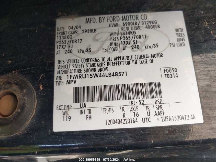 2004 Ford Expedition Xlt VIN: 1FMRU15W44LB48571 Lot: 39959699