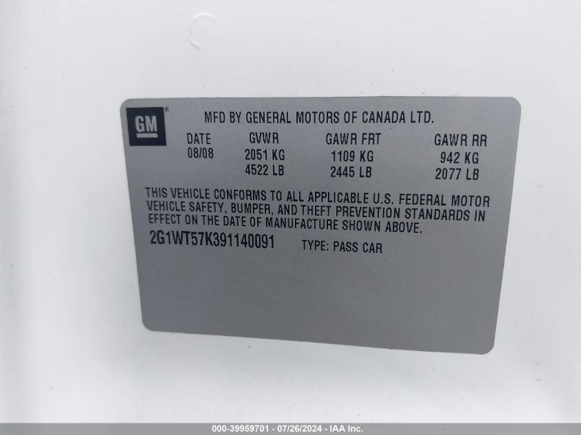 2009 Chevrolet Impala Lt VIN: 2G1WT57K391140091 Lot: 39959701