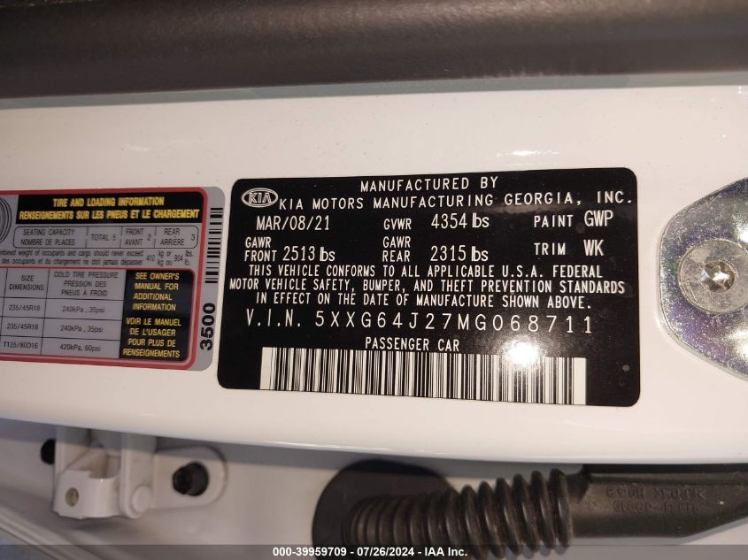 2021 Kia K5 Gt Line VIN: 5XXG64J27MG068711 Lot: 39959709