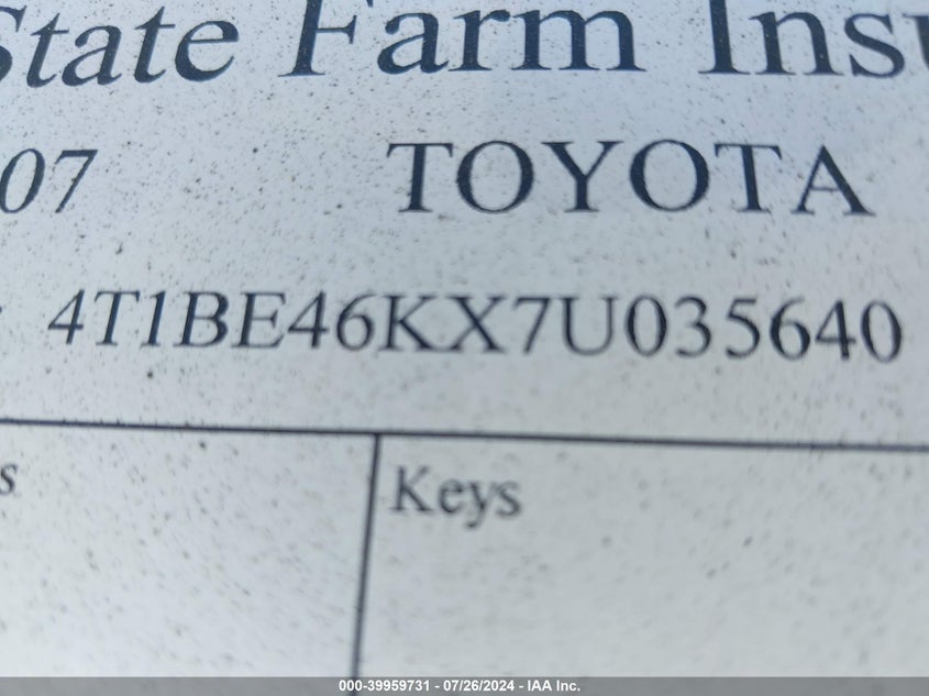 2007 Toyota Camry Le VIN: 4T1BE46KX7U035640 Lot: 39959731