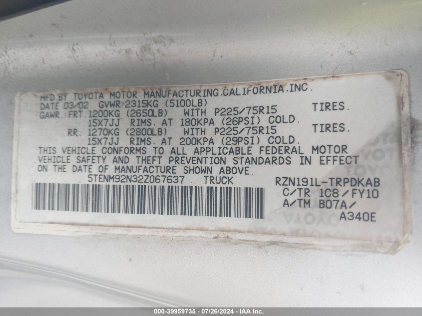 2002 Toyota Tacoma Prerunner VIN: 5TENM92N32Z067637 Lot: 39959735