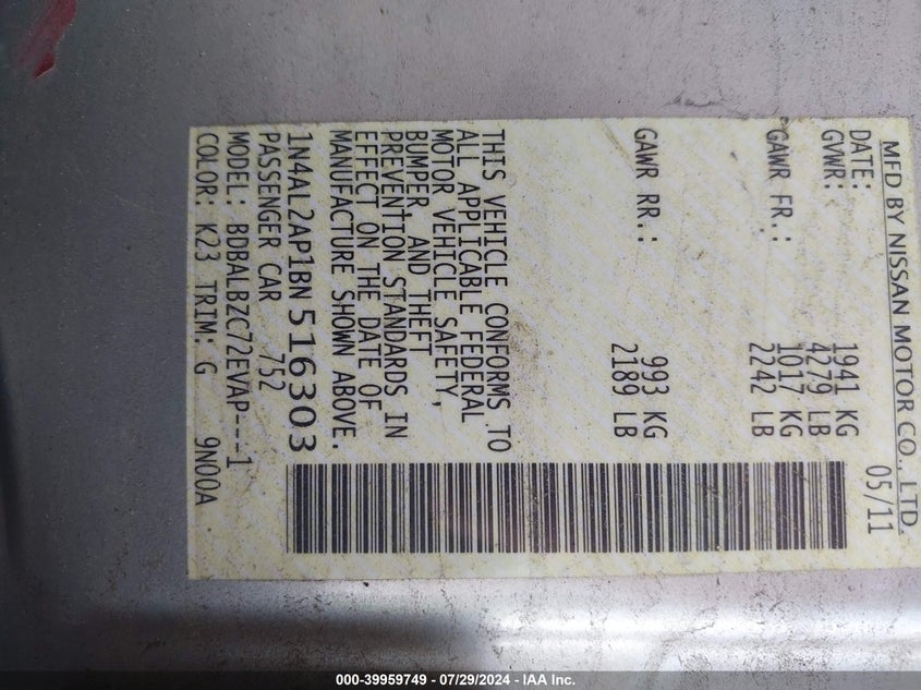 2011 Nissan Altima 2.5 S VIN: 1N4AL2AP1BN516303 Lot: 39959749