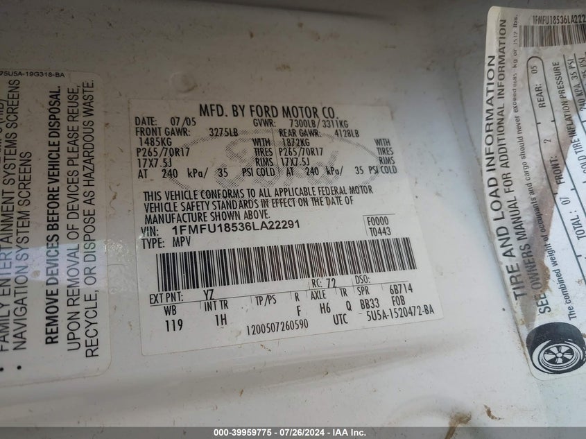 2006 Ford Expedition Eddie Bauer/King Ranch VIN: 1FMFU18536LA22291 Lot: 39959775