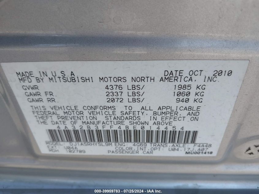 2011 Mitsubishi Galant Es/Se VIN: 4A32B3FF4BE014454 Lot: 39959783