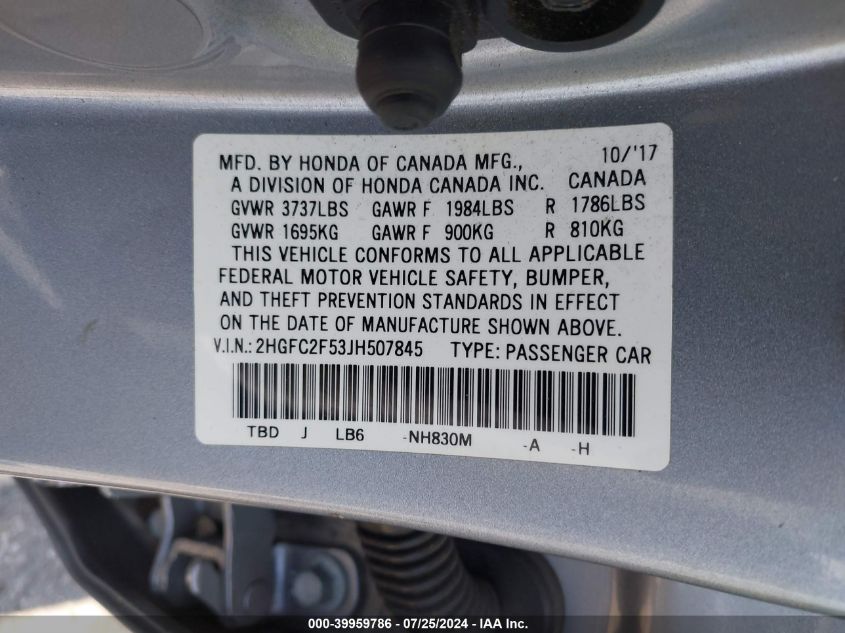VIN 2HGFC2F53JH507845 2018 HONDA CIVIC LX