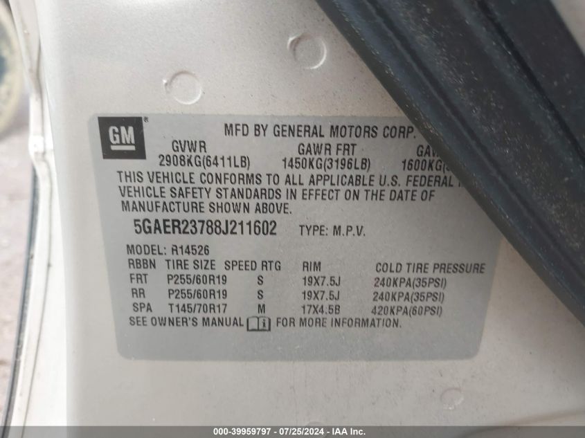 2008 Buick Enclave Cxl VIN: 5GAER23788J211602 Lot: 39959797