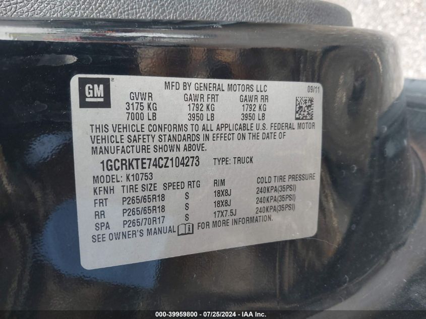 2012 Chevrolet Silverado 1500 Ltz VIN: 1GCRKTE74CZ104273 Lot: 39959800