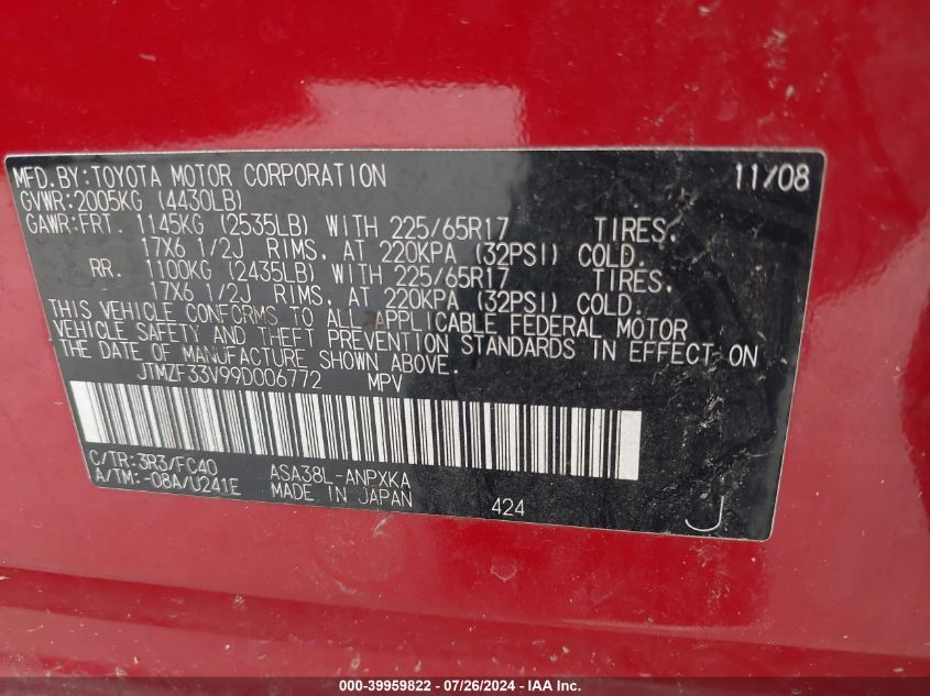 2009 Toyota Rav4 VIN: JTMZF33V99D006772 Lot: 39959822