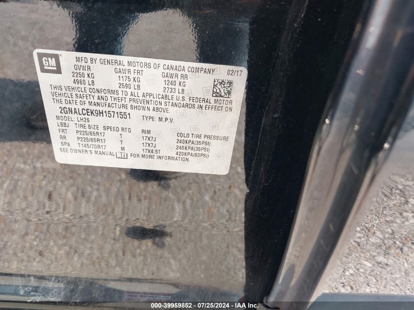 2017 Chevrolet Equinox Lt VIN: 2GNALCEK9H1571551 Lot: 39959852