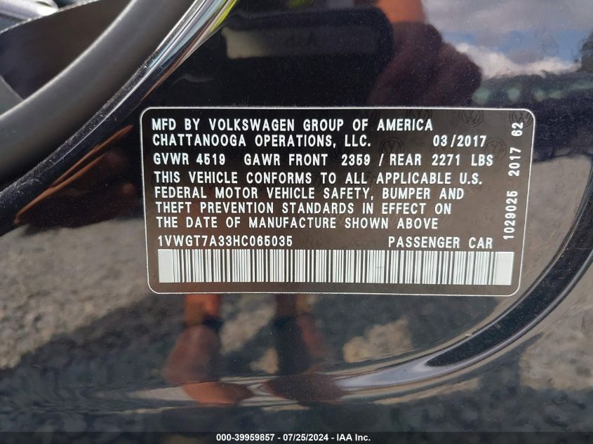 2017 Volkswagen Passat 1.8T Se VIN: 1VWGT7A33HC065035 Lot: 39959857