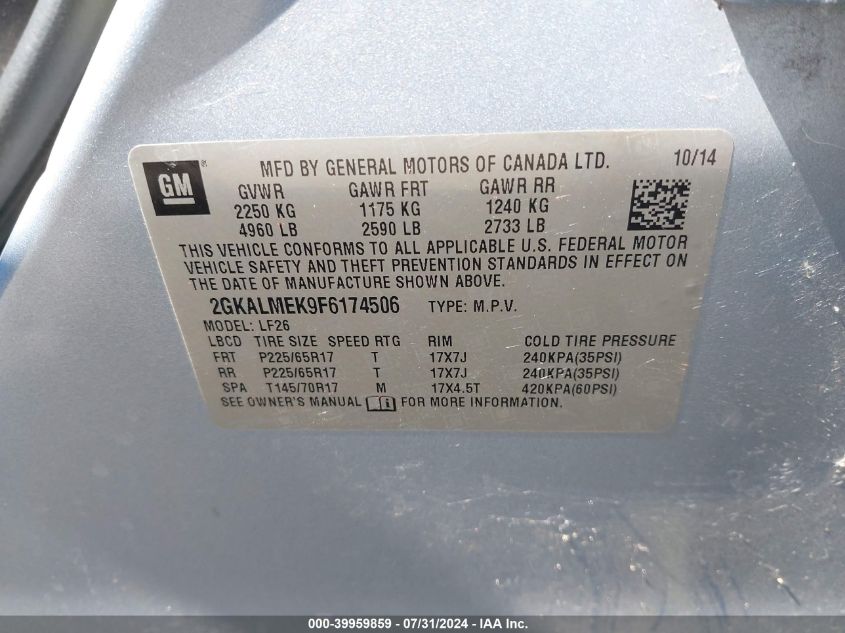 2015 GMC Terrain Sle-1 VIN: 2GKALMEK9F6174506 Lot: 39959859