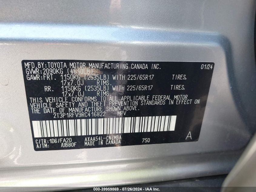 2024 Toyota Rav4 Xle/Xle Premium VIN: 2T3P1RFV9RC416822 Lot: 39959869