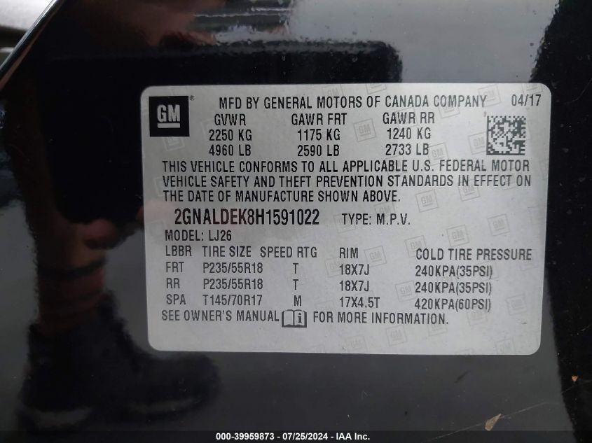 2017 Chevrolet Equinox Premier VIN: 2GNALDEK8H1591022 Lot: 39959873