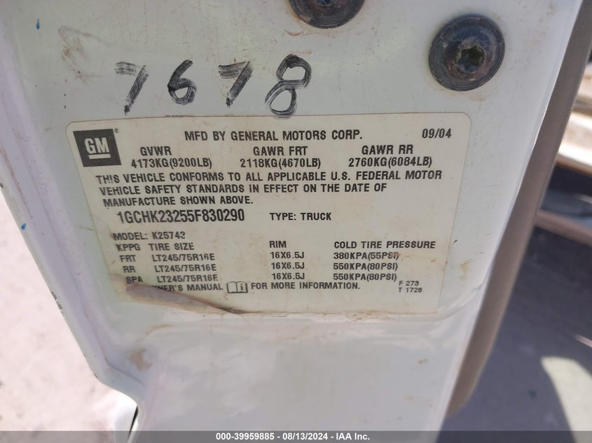 2005 Chevrolet Silverado K2500 Heavy Duty VIN: 1GCHK23255F830290 Lot: 39959885