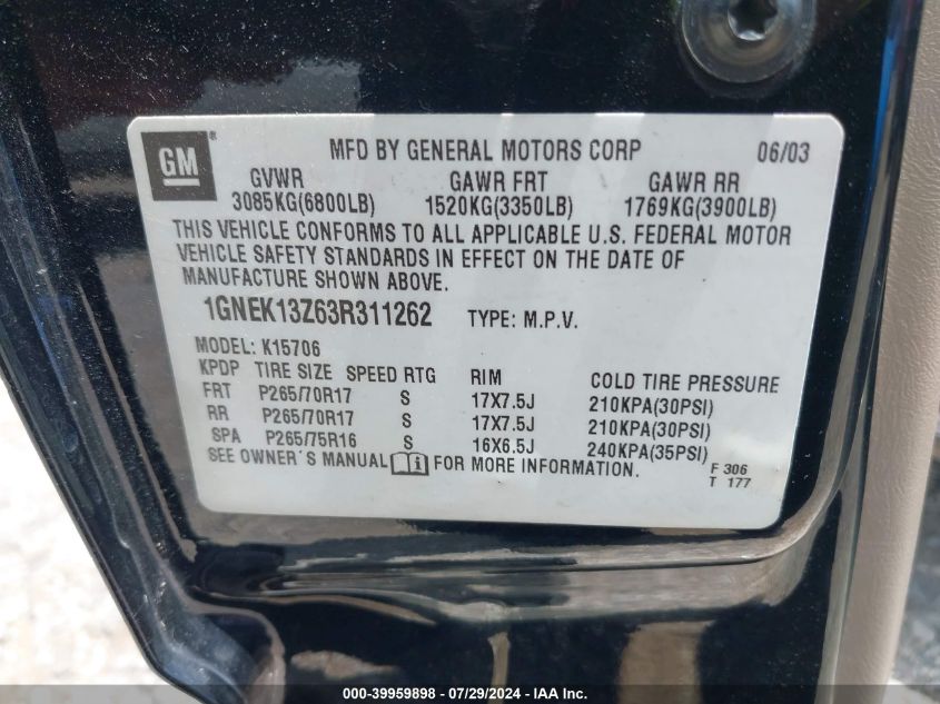 2003 Chevrolet Tahoe K1500 VIN: 1GNEK13Z63R311262 Lot: 39959898