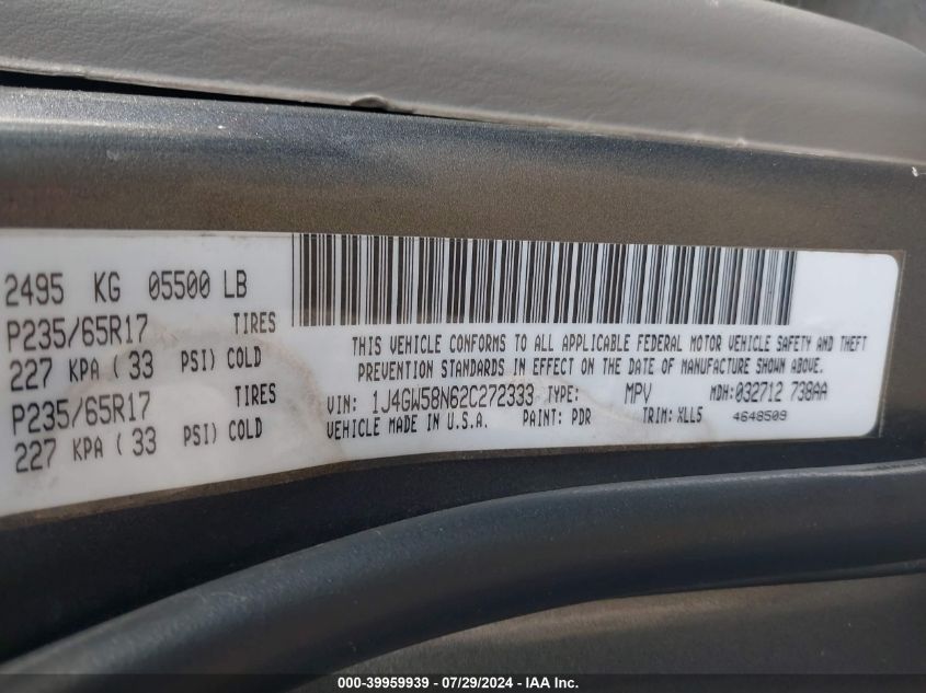 2002 Jeep Grand Cherokee Limited VIN: 1J4GW58N62C272333 Lot: 39959939