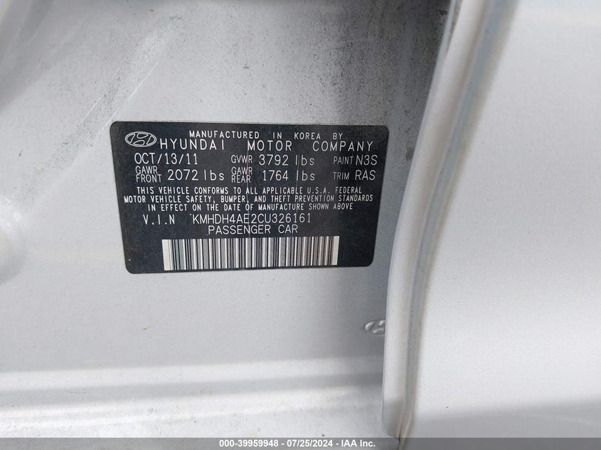 2012 Hyundai Elantra Gls (Ulsan Plant) VIN: KMHDH4AE2CU326161 Lot: 39959948