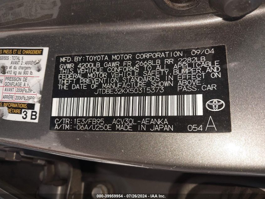 2005 Toyota Camry Le/Xle/Se VIN: JTDBE32KX50315373 Lot: 39959954