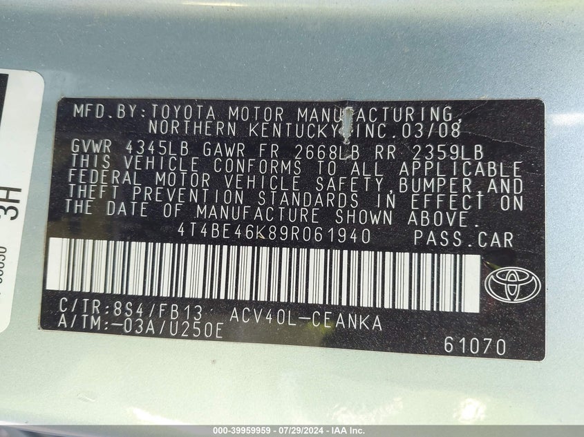 2009 Toyota Camry Se/Le/Xle VIN: 4T4BE46K89R061940 Lot: 39959959